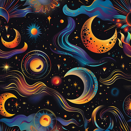 Seamless pattern with crescent moon, sun and stars.の素材