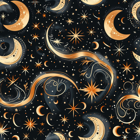 Seamless pattern with golden crescent moon and stars. Vector illustration.の素材