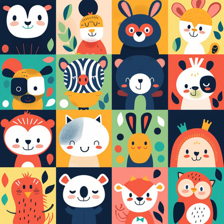 Cute animals seamless pattern. Vector illustration in flat cartoon style.の素材