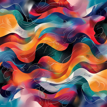 Seamless pattern with abstract colorful wavy lines on dark backgroundの素材