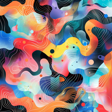 Abstract seamless pattern with watercolor spots and wavy lines. Multicolored background.の素材