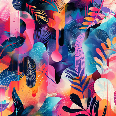 Seamless pattern with tropical leaves on abstract background. Vector illustration.の素材