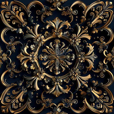 Seamless pattern with gold ornament on a dark blue background.の素材