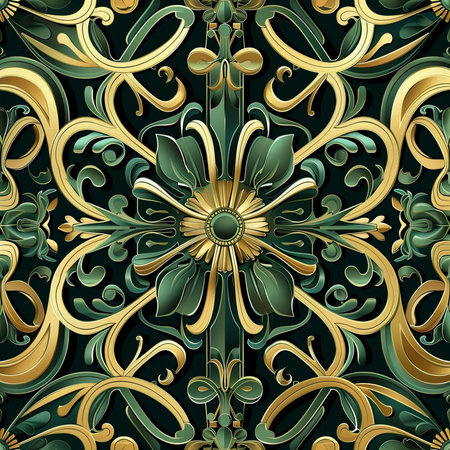 Seamless pattern with gold floral ornament on green background. Vector illustration.の素材