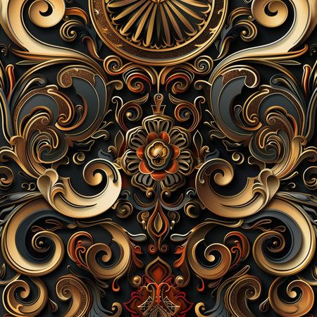 3D render, ornate seamless pattern background with vintage gold ornamentの素材