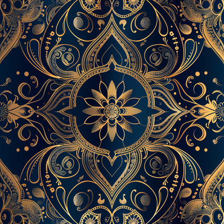 Seamless pattern with gold ornament on blue background. Vector illustration.の素材