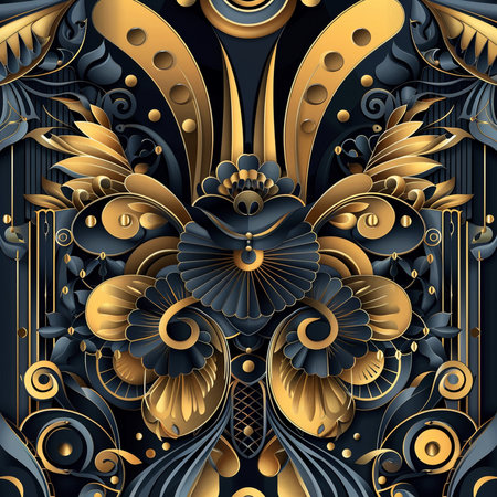 3D illustrationrative ornamental background with floral elements, gold and black colorsの素材