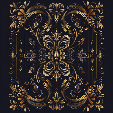 Ornament in the style of baroque. Golden floral pattern on a black background.の素材