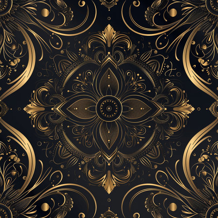 Seamless pattern with gold floral ornament on dark background. Vector illustration.の素材