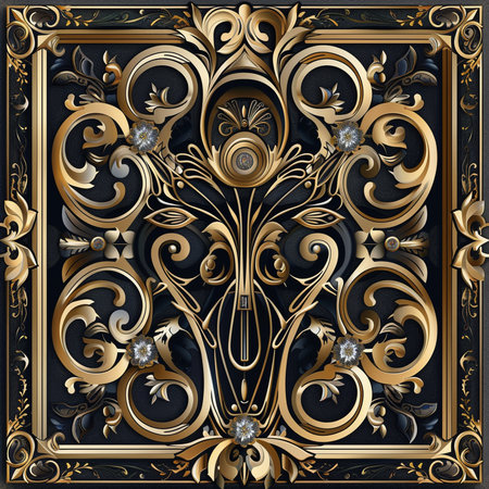 3D illustrationrative ornamental background with gold and black elements.の素材