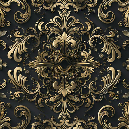 Seamless pattern with gold ornaments on a black backgroundの素材