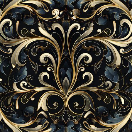Seamless pattern with gold ornament on black background. Vector illustration.の素材