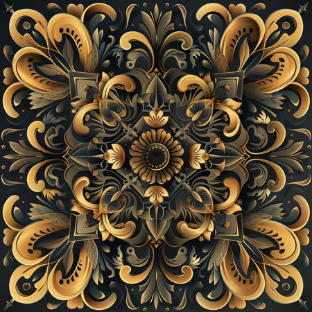 Ornate seamless texture in the style of baroque. Gold and black pattern on a black background.の素材