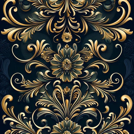 Seamless pattern with gold floral ornament on dark background. Vector illustration.の素材
