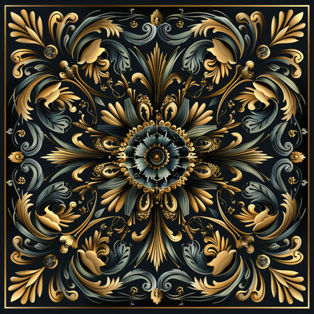 Ornate floral pattern in baroque style. Gold on black.の素材