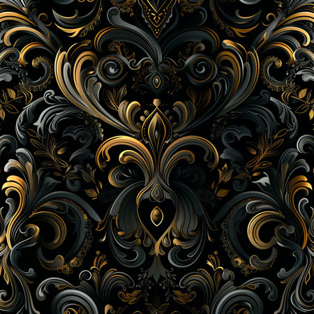 Seamless pattern with gold ornament on black background. Vector illustration.の素材