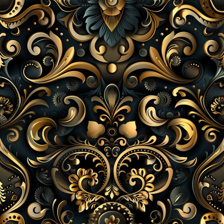Seamless pattern with gold ornament on black background. 3D rendering.の素材