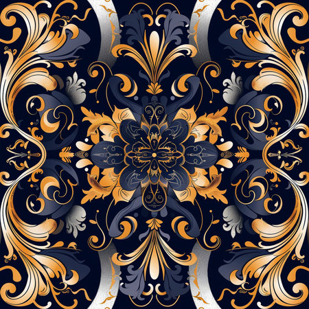 Seamless pattern with gold ornament on blue background. Vector illustration.の素材