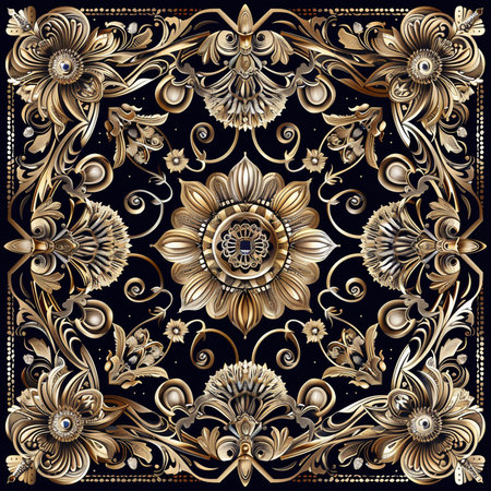 Luxury golden floral pattern on black background. Vector illustration.の素材