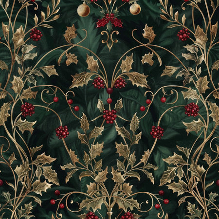Seamless pattern with holly berries and leaves on dark green background.の素材