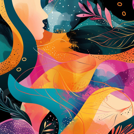 Seamless pattern with abstract shapes and floral elements. Vector illustration.の素材