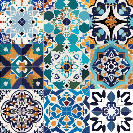 Talavera pattern. Azulejos portugal. Turkish ornament. Moroccan tile mosaic. Ceramic tableware, folk print. Spanish pottery. Ethnic background. Mediterranean seamless wallpaper.の素材