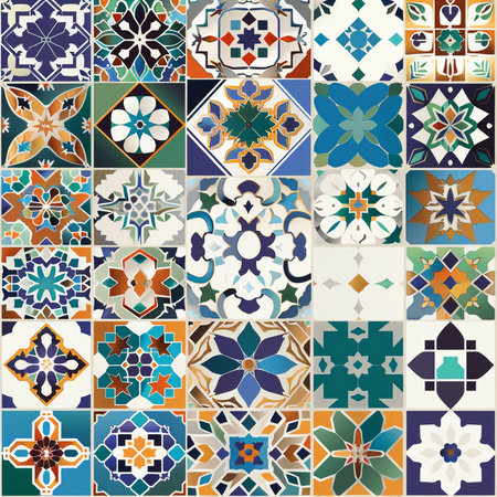Seamless pattern with colorful ceramic tiles. Portuguese tiles, Azulejo, Moroccan ornaments.の素材