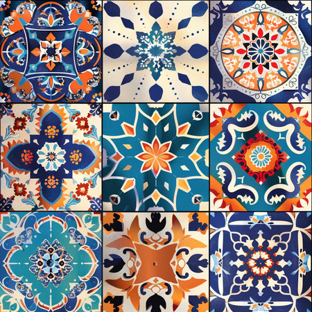 Talavera pattern. Indian patchwork. Azulejos portugal. Turkish ornament. Moroccan tile mosaic. Ceramic tableware, folk print. Spanish pottery. Ethnic background. Mediterranean seamless wallpaper.の素材