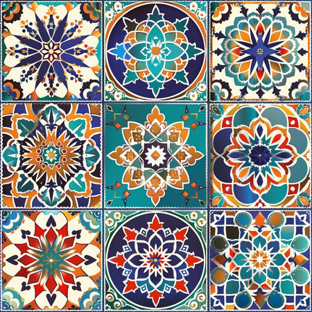 Seamless pattern with mandalas. Azulejos portugal. Turkish ornament. Moroccan tile mosaic. Ceramic tableware, folk print. Spanish pottery. Ethnic background. Mediterranean seamless wallpaper.の素材