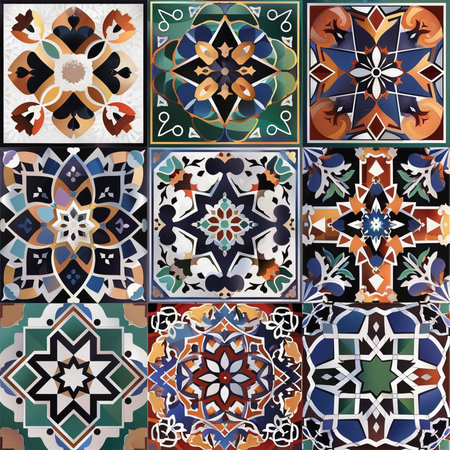 Set of ceramic tiles in oriental style. Collection of ceramic tiles in oriental style.の素材