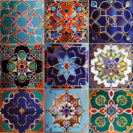 Set of vector seamless patterns in oriental style. Colorful mosaic tiles.の素材