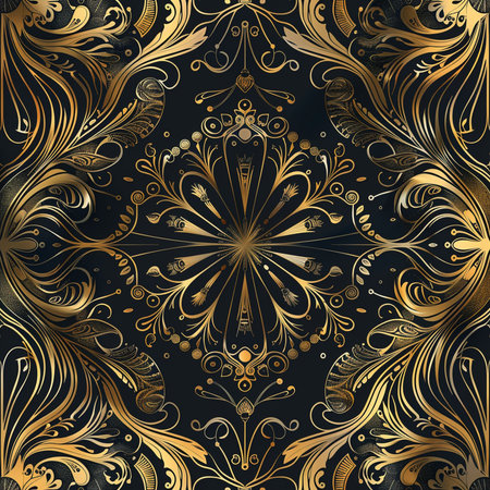 Seamless pattern with gold ornament on black background. Vector illustration.の素材