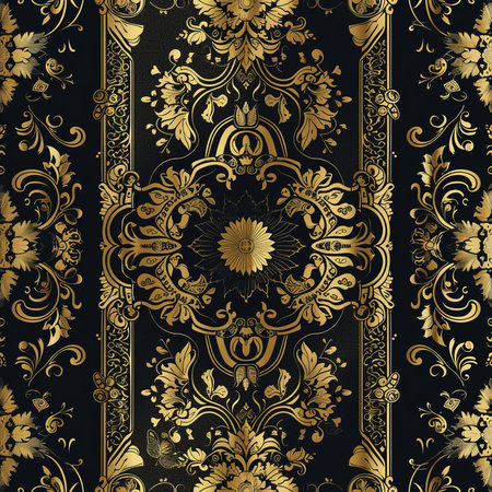 Vintage seamless pattern with gold floral ornament on black background. Vector illustration.の素材
