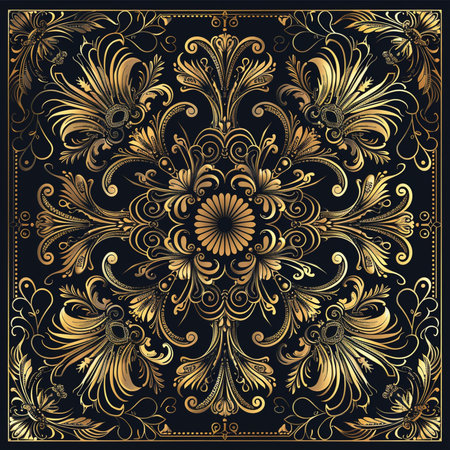 Vintage floral pattern with golden ornament on black background. Vector illustrationの素材