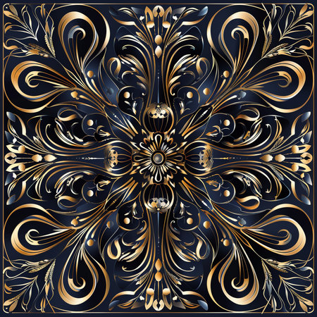 Seamless pattern with gold floral ornament on a dark blue backgroundの素材