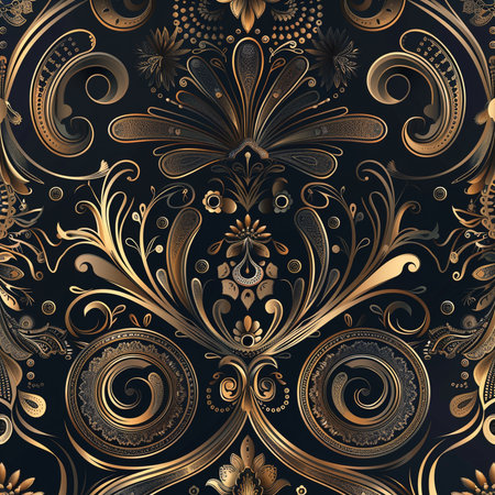 Seamless pattern with gold ornament on black background. Vector illustration.の素材