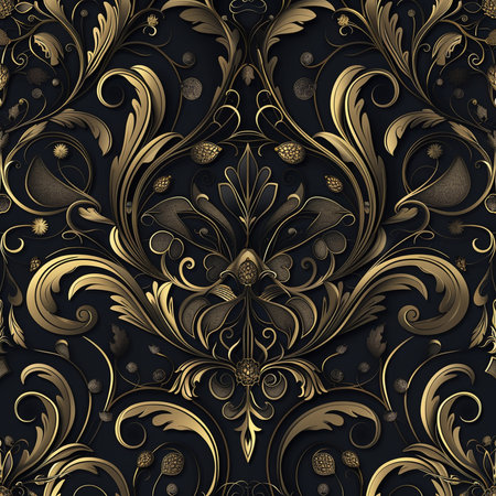 Seamless pattern with gold ornaments on a black backgroundの素材