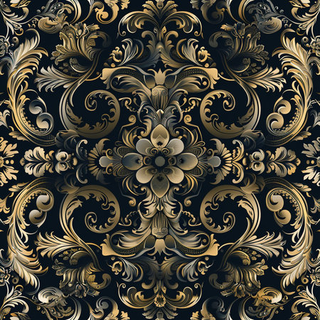 Seamless pattern with gold floral ornament on black background. Vector illustration.の素材