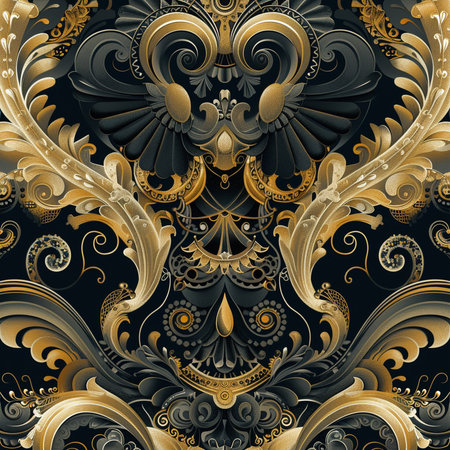 Seamless pattern with golden ornament on a black background. Vector image.の素材