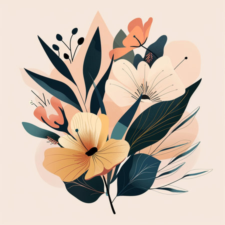 Hand drawn vector abstract floral illustration with hibiscus flowers, leaves and butterfliesの素材