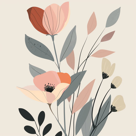 Floral background with hand drawn flowers and leaves. Vector illustration.の素材