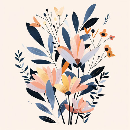 Floral background with hand drawn flowers and leaves. Vector illustration.の素材