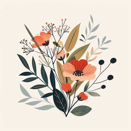 Hand drawn vector abstract floral illustration with poppies, leaves and branchesの素材