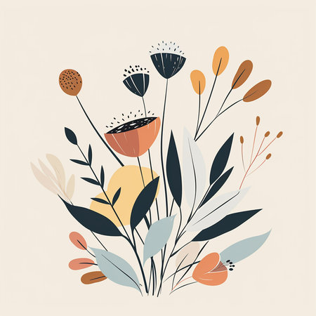 Hand drawn vector abstract floral illustration with wildflowers and leaves.の素材