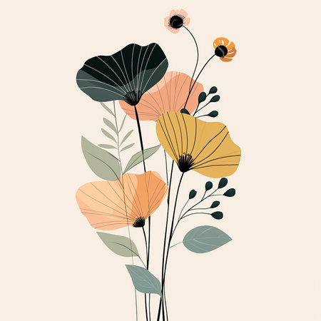 Floral background with poppies and leaves. Vector illustration.の素材