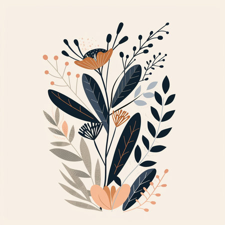 Floral vector background. Hand drawn botanical illustration with flowers, leaves and branches.の素材