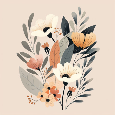 Floral bouquet with poppies and leaves. Vector illustration.の素材