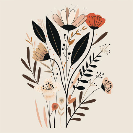 Hand drawn vector abstract floral illustration with wildflowers, leaves and butterfliesの素材