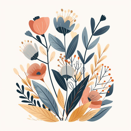 Hand drawn vector abstract floral illustration with wildflowers, leaves and branches.の素材
