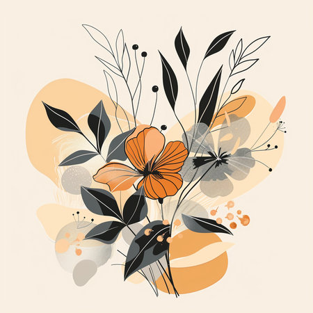 Floral background with hand drawn flowers and leaves. Vector illustration.の素材